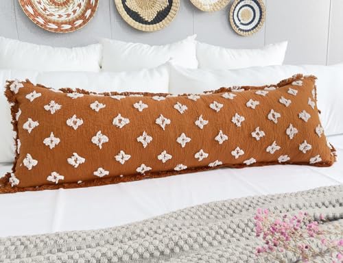 Boho Long Lumbar Pillow Cover 14x40 with Tassel Fringe,3D Flower Patterned Extra Decorative Long Lumbar Pillow Cover Case for Sofa Couch Bed Livingroom Farmhouse,Rust Red - color: Rust Red, size: 40" x 14" (Pack of 1)