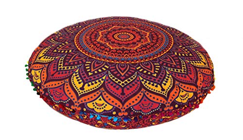 INDIAN CRAFT CASTLE New Orange Ombre 24" Mandala Barmeri Large Floor Pillow Cover Cushion Meditation Seating Ottoman Throw Cover Hippie Decorative Zipped Bohemian Pouf Ottoman Pom Pom Cases 24" Round - color: Orange Yellow, style: 24 Inch Round