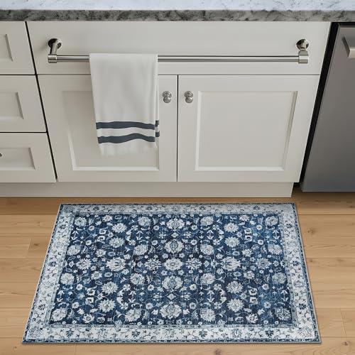 Bloom Rugs Washable Non-Slip 2' x 3' Rug - Dark Blue Traditional Bordered Area Rug for Living Room, Bedroom, Dining Room, and Kitchen - Exact Size: 2' x 3' - color: Dark Blue, size: 2' x 3' (Rectangular)