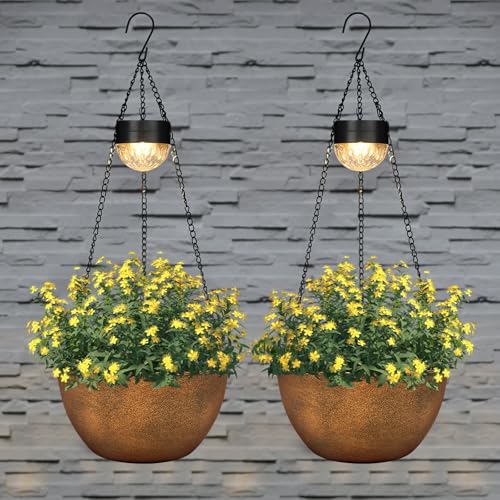 BAYN 2 Packs Solar Hanging Basket Planters for Plants Outdoor, Self Watering Bronze Flower Plants Pots with Solar Light Drainer for Balcony Patio Garden Outdoor Decoration - color: Bronze
