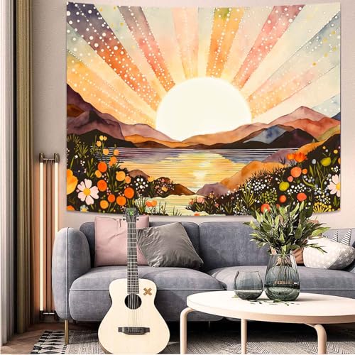 Lunerfex Sunburst Watercolor Tapestry - Landscape Wall Hanging with Mountains and Lake - Boho Aesthetic Decor Tapestries 60"x44" - color: Bright Orange, size: 60"L x 44"W