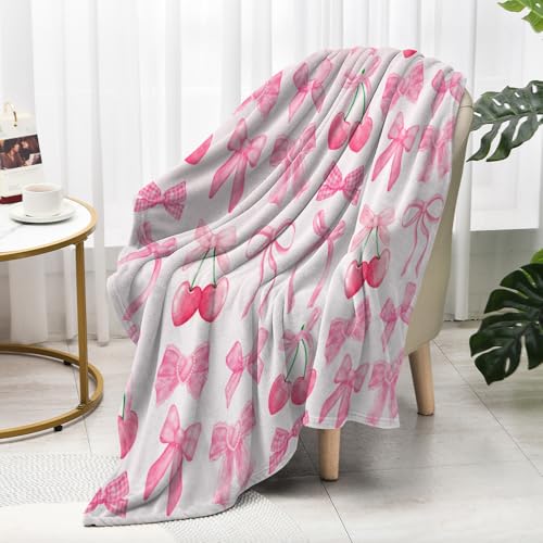 Pink Cherry Bow Throw Blanket Back to School Decorations Soft Dorm Room Essentials Gifts for Students Girls Boys Lightweight Coquette Bow Cherry Aesthetic Blanket for Couch Sofa Bed 50"x60" - color: A001 Pink Cherry Bow Blankets, size: 50"W X60"L (127X152