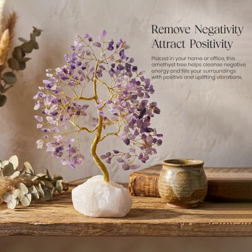 Crocon® Amethyst Crystals Tree of Life Rough Base, Birthday Gifts for Women, Home & Office Decor Money Tree Healing Crystals Womens Gifts Ideas House Warming Gift Sister Unique Purple Decoration - color: Amethyst Quartz Base (Golden Wire)