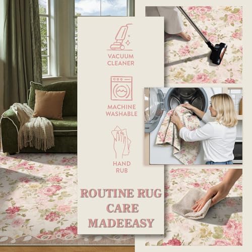 Lahome Floral Washable Rugs 5x7,Rugs for Living Room Pink Area Rug,Vintage Rugs for Bedroom Girls Non Slip Low Pile Ultra-Thin Large Carpet for Office Dining Room,Kids Playroom Nina (5'X7',Beige) - color: Beige, size: 5' X 7' (Rectangular)