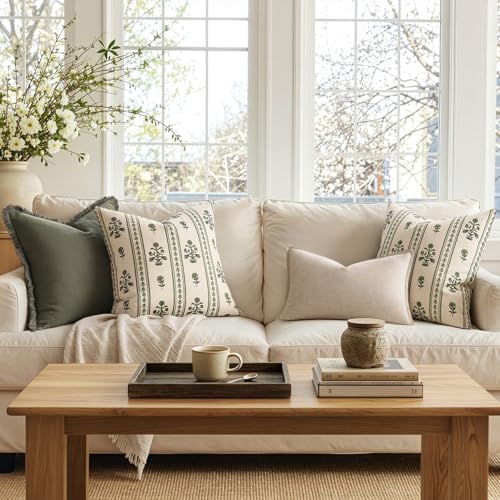 Decorative Vintage Striped Floral Throw Pillow Covers 20x20 Inch Set of 2 Dusty Green Farmhouse Boho Botanical Print Cushion Covers for Sofa Couch Chair Bedroom Living Room Summer Home Decor - color: Dusty Green, size: 20" x 20" (Pack of 2)