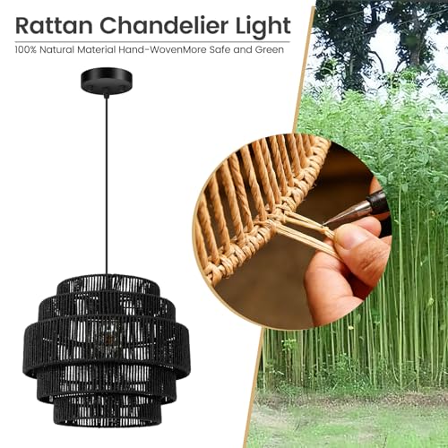 BoostArea Boho Rattan Chandelier Light,5-Tier Hand Woven Lampshade Ceiling Pendant Light Fixture,13” Farmhouse Chandelier Hanging Light for Living Room,Kitchen Island,Bedroom,Adjustable Cord,Black - color: Black