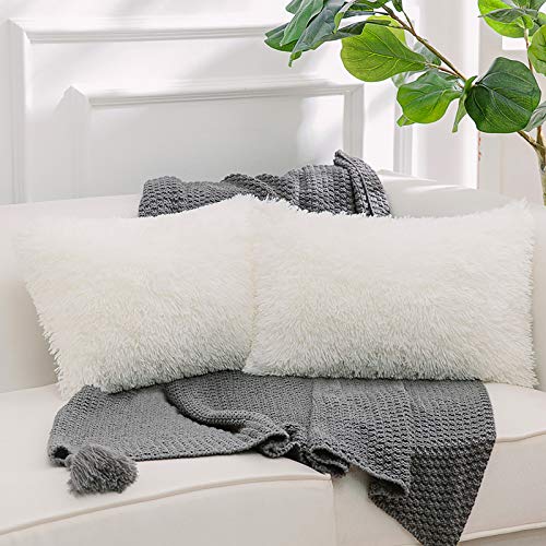 NordECO HOME Luxury Soft Faux Fur Fleece Cushion Cover Pillowcase Decorative Throw Pillows Covers, No Pillow Insert, 12" x 20" Inch, White, 2 Pack - color: A-white, size: 20" x 12" (Pack of 2)