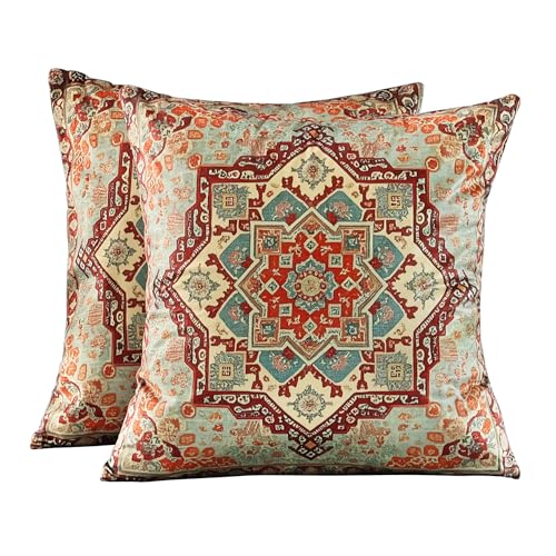 Boho Soft Velvet Throw Pillow Covers 18x18 in Vintage Persian Aztec Rug Tribal Pattern Pillowcases, Antique Ethnic Decor, Geometric Pattern Cushion Cover for Sofa, Living Room, Orange, 2 Pack - color: Orange, size: 18" x 18" (Pack of 2)