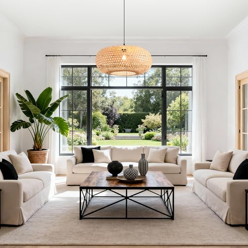 Parrot Uncle 22" Boho Pendant Light, Hand-Woven Farmhouse Chandelier for Dining Room, Bamboo Ceiling Light for Kitchen Island Bedroom Entryway, Natural Rattan Hanging Lamp with 47.24" Adjustable Cord - color: D3049