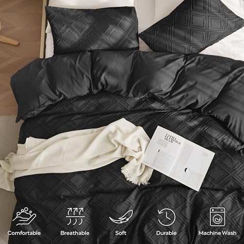 JELLYMONI Duvet Cover Full Size Black - 3PCS Boho Duvet Cover Set Plaid Polyester Tufted Bohemian Jacquard Knit Textured Comforter Cover 80×90in Rhombic Geometric Pattern Corner Tie & Zipper - color: Black-grid, size: Full(80"×90")