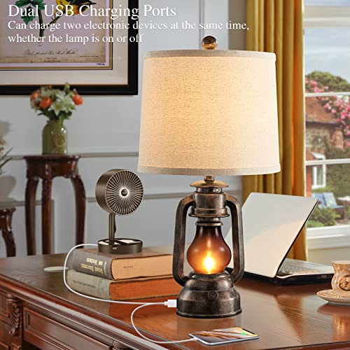 Farmhouse Lantern Table Lamps for Living Room Set of 2, Vintage Bedroom Resin Lamp with Dual USB Charging Ports, Rustic Retro Bedside Nightstand Desk Lamp, 4 Bulb Included - color: Bronze - 22'' Lantern Lamps