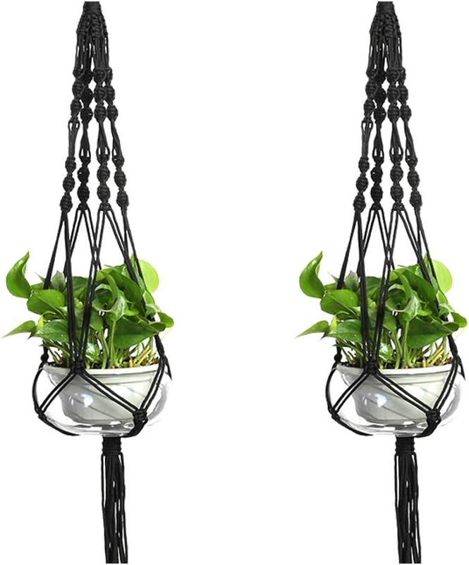 Set of 2 Macrame Plant Hanger Nylon Rope Wall Hanging Planter Basket for Indoor Outdoor Flower Pot Plant Holder Wall Art Vintage-Inspired Home Decor, with Metal Ring 4 Legs 39 inch (Black)