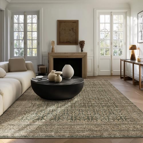 Machine Washable Rugs for Living Room: 5x7 Area Rugs Boho Vintage Rugs Stain Resistant Non Slip Low Pile Soft Lightweight Carpet for Bedroom Kitchen Dining Room Nursery Kids Room Farmhouse - color: Dark Green Brown, size: 5' x 7' (Rectangular)