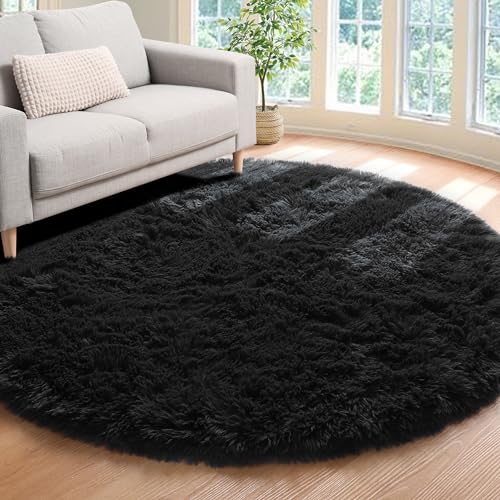 ONASAR Black Round Area Rug 4ft, Soft Bedroom Circle Rugs Floor Mats for Kids Girls Boys Teen Room, Fluffy Plush Shaggy Carpet for Baby Nursery Living Room Playroom Dorm Home Decor - color: Black, size: 4' (Round)