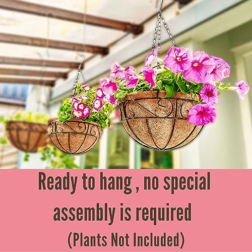 LaLaGreen Hanging Planter for Outdoor Plants (12 Inch, 2 Pack) Hanging Baskets with Coco Liner, Black Metal Wire Flower Basket Pots with Hook Hanger Balcony Porch Farmhouse Country Style Garden Decor - size: 12" x 2 Pack