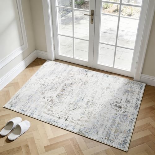 2'x3' Rugs for Living Room Bedroom, Washable Area Rugs, Pet & Kid Friendly Low Pile Carpet, Non-Shedding Non-Slip TPE Backing, Vintage Distressed Print Floor Mat for Bedroom Dining Room, Blue - color: Blue, size: 2x3