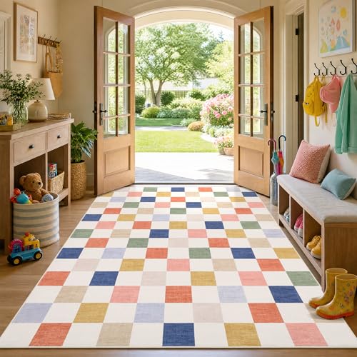 GarveeHome Checkered Nursery Kids Boy Playroom 5x7 Washable Rug Geometric Modern Soft Low-Pile Stain Resistant Rug for Bedroom Living Room Entryway Non-Slip TPE Backing - color: Colorful, size: 5' x 7' (Rectangular)