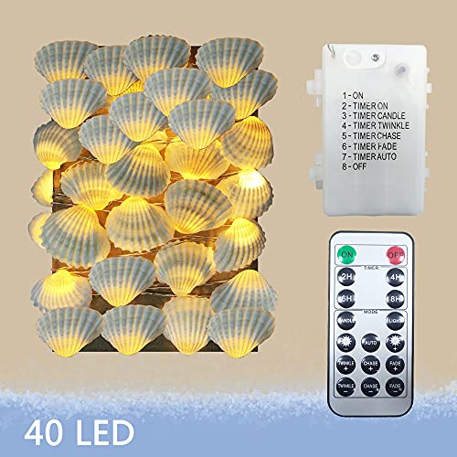 Starryfill Ocean Real Seashell 0.8"(H) 40 LED String Lights 13.85Ft Battery Operated Waterproof Warm White with Timer and Remote Control for Beach Themed Decoration Indoor Covered Outdoor Birthday - color: Seashell