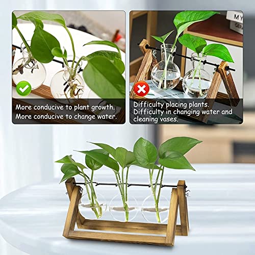 Kingbuy Desktop Glass Planter Iron and Wooden Stand Plant Terrariums for Indoor Office Desk Decor Accessories, 3 Bulb Vases, Brown - size: 3 Bulb Vase (C-type)