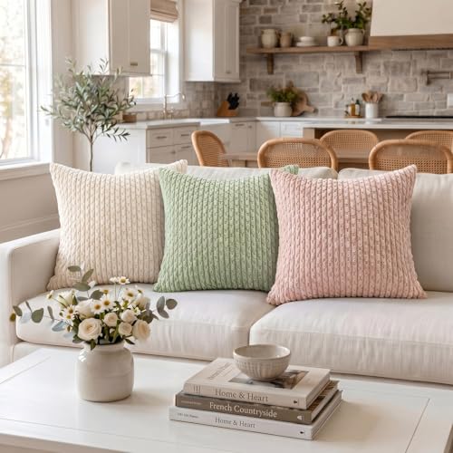Fancy Homi 2 Packs Sage Green Decorative Throw Pillow Covers 18x18 Inch for Couch Bed Sofa, Modern Farmhouse Boho Home Decor, Soft Cute Plush Corduroy Cushion Case 45x45 CM - color: Sage Green, size: 18" x 18" (Pack of 2)