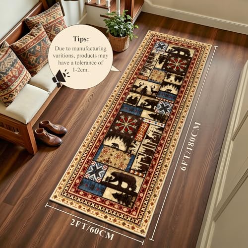 LOKHOM Bear Runner Rug, 2x6 Non-Slip Cabin Washable Hallway Runner Rug with Rubber Backing, Low Pile Soft Rustic Western Buffalo Kitchen Rug for Laundry Bedroom Entryway Nursery - color: Vintage Bear, size: 2' x 6' (Runner)