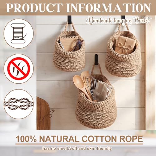 Honeydak Boho Decor Hanging Wall Baskets for Kitchen 3 Pack Teardrop Baskets with Hooks Storage Fruit Onion Vegetable Potato for Home 3 Sizes(Light Linen,Barrel,Cotton Rope) - color: Linen, size: Cotton Rope, style: Barrel