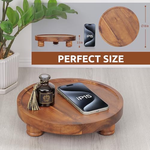 Demigo 10" Acacia Wood Round Tray - Decorative Plant Stand, Farmhouse Countertop Organizer, Multi-Purpose Display Pedestal, Riser Board for Soap, Perfume, Candles, Sponge, Bathroom, Kitchen - color: Brown