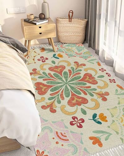 Beige Boho Area Rugs 4' x 6', Retro Ethnic Shabby Colorful Floral Patterned Woven Cotton Tassels Bedroom Rugs, Accent Rug Floor Carpet for Living Room NurseryRoom Dining Room Bedside Office Patio - color: Multicolor Linen, size: 4' x 6' (Rectangular)