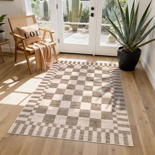 GarveeHome Brown Checkered Rug,Washable 3x5 Rug Geometric Tan Brown Print Non Slip for Entryway,Modern Soft Low-Pile,Neutral Farmhouse Checkerboard Rug,Small Area Rugs for Bedroom Kitchen Dining Room - color: Brown, size: 3' x 5' (Rectangular)