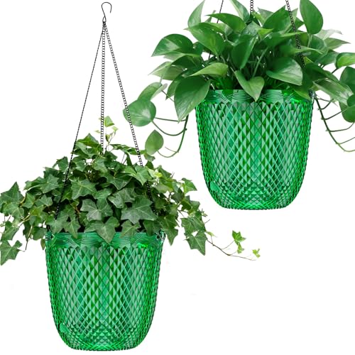 QCQHDU Hanging Planters for Indoor Plants, 2-Pack, 5.7 Inch, Emerald | Plastic, Self Watering Plant Hanger, with Drainage Holes, 3 Hooks Chains, For Garden Home - color: Emerald, size: 5.7in