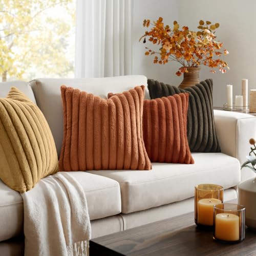 MIULEE Faux Fur Plush Decorative Throw Pillow Covers 18x18 Set of 4, Boho Farmhouse Soft Fuzzy Striped Cushion Covers for Sofa Couch Bed Living Room Vintage Home Decor,Rust Orange - color: Rust Orange, size: 18" x 18" (Pack of 4)