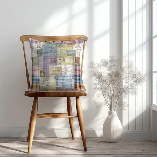 Vintage Postmark Throw Pillow Covers 18x18 Set of 2 | Retro Patchwork Cushion Cases for Couch Sofa Bed | Rustic Cottage Decorative Pillow Covers for Living Room Bedroom - color: Vintage Postmark