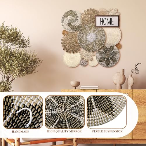 Xuhal 15 Pcs Boho Wall Basket Decor Handcrafted Seagrass Woven Wall Basket Rustic Round Woven Hanging Art for Home Farmhouse Kitchen Table Living Room(Elegant Style) - style: Elegant Style