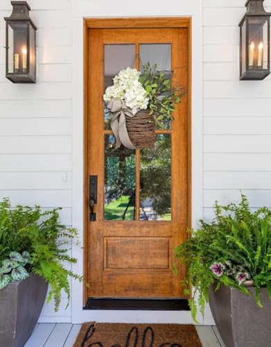 Cream Hydrangea Door Hanger Basket Wreath - Farmhouse Spring Wreath with Wildflowers, Mother's Day Decor, Artificial Rattan Hanging Basket for Porch, Wall, Home Decor - color: White