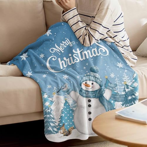 Christmas Throw Blankets, Blue Snowman Soft Fleece Blanket Decorative for Home Sofa Couch Chair Living Bedroom Dorm,40x50 Inches, Merry Christmas Tree Squirrel Deer - color: Christmas-blue Snowman, size: 40x50 Inch