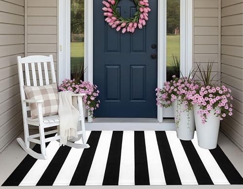 3'x5'Outdoor Rug,Black and White Striped Washable Front Porch Rug Farmhouse Cotton Woven Entry Rug Indoor Outdoor Area Rug for Porch/Home Entrace Decor/Bedroom/Layered Door Mats - color: Black White, size: 3' x 5' (Rectangular)
