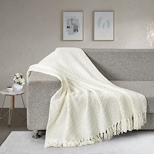HOMEIDEAS Warm Tassel Knit Blanket Throw Size for Couch Sofa Bed, Cream Thick Knitted Armchair Office Chair Throw Blankets, Winter Chunky Blankets(50x60) - color: 750gsm Ivory/Cream