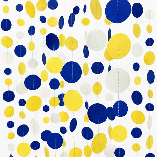 46Ft Navy Blue and Yellow Circle Dots Garland Royal Blue Yellow White Hanging Paper Polka Dot Streamer for Graduation Birthday Wedding Bridal Baby Shower Nautical Ahoy Achor Party Decorations Supplies - color: Blue Yellow