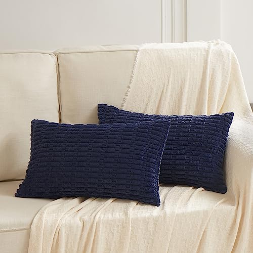 Fancy Homi Decorative Throw Pillow Covers for Bed Couch Bedroom Bench, Soft Lumbar Corduroy Solid Pillow Case, Rustic Farmhouse Boho Room Décor, 20" x 12" (Pack of 1), Navy Blue - color: Navy Blue, size: 20" x 12" (Pack of 1)