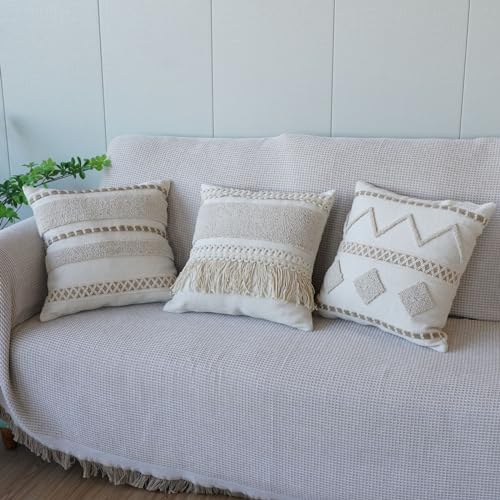 Boho Throw Pillow Cover Tassels Textured Striped Bed Pillow Shams Farmhouse Neutral Decorative Soft Pillowcase for Sofa Couch Bed (PatternB,18"x18") - color: Pattern B, size: 18"x18",Throw Pillow Covers
