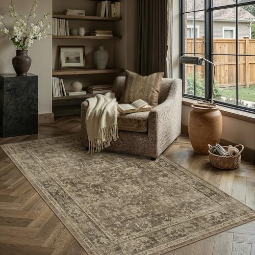 HUGEAR 3x5 Entryway Area Rug Brown Machine Washable Rug Room Decor Vintage Distressed Small Rugs Indoor Non Slip Low Pile Carpet for Kitchen Living Bedroom Soft Lightweight - color: A| Brown, size: 3' x 5' (Rectangular)