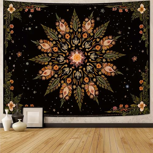 Fowocu Boho Floral Mandala Tapestry for Bedroom Aesthetic Vintage Bohemian Flower Wall Tapestry Black Green Hippie Indian Small Tapestries Wall Hanging for Living Room Dorm Decor 40 x 30 Inch - color: Black Green, size: 40"L x 30"W