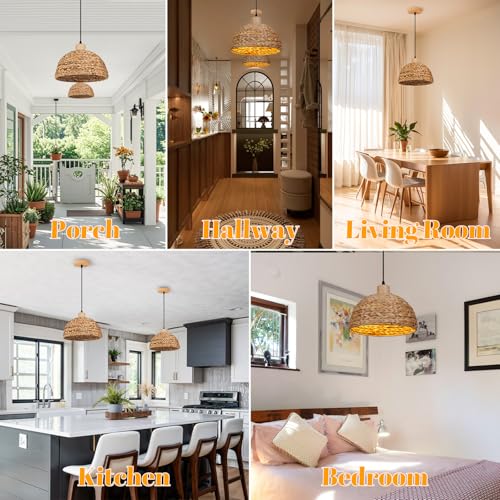12" Boho Rattan Pendant Lights 1-Light Hand Woven Pendant Light Wicker Light Fixtures Ceiling Hanging for Kitchen Island Bedroom, Living Dining Room,Foyer
