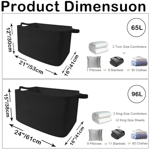 Large Blanket Basket,Woven Rope Basket Storage Bin with Handles,65L Rectangle Laundry Basket for Magazines,Toys,Clothes,Newspaper Shelf Organization,Nursery and Living Room,Black - color: Black, size: 21"x16"x12"(65L)
