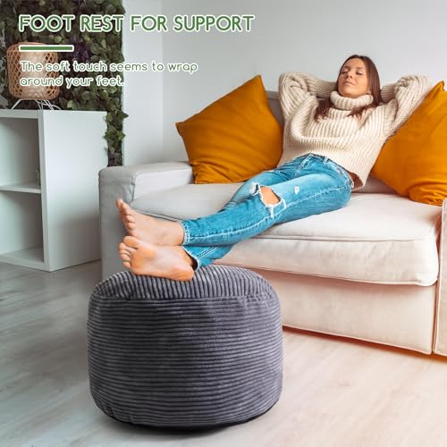 HIGOGOGO Round Stuffed Pouf Ottoman, Corduroy Poufs with Foam Chunk Filling, Furry and Fluffy Pouf Foot Stool Storage Ottoman, 20 X 15 Floor Poufs Foot Rest for Living Room, Dark Grey - color: Dark Grey, size: 20"D x 20"W x 15"H