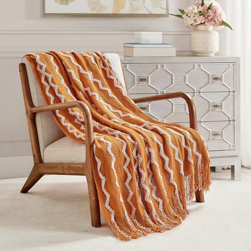BOURINA Fluffy Chenille Knitted Fringe Throw Blanket Lightweight Soft Cozy for Bed Sofa Chair Throw Blankets, Orange 50" x 60" - color: A-orange, size: 50"×60"