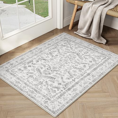 PureCozy Grey 2x3 Entryway Rug Vintage Area Carpet Indoor Kitchen Washable Door Mat Entrance Small Low Pile Traditional Distressed Retro Accent Throw Rug Non Slip Office Bathroom - color: Neutral Grey, size: 2' x 3' (Rectangular)