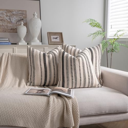 Cethom Black Boho Throw Pillow Covers 22x22 Inch Set of 2, Stripe Textured Decorative Couch Pillow Cases for Bed, Sofa, Living Room, Bedroom, Farmhouse Home Accent Cushion Covers - color: Black, size: 22" x 22" (Pack of 2)