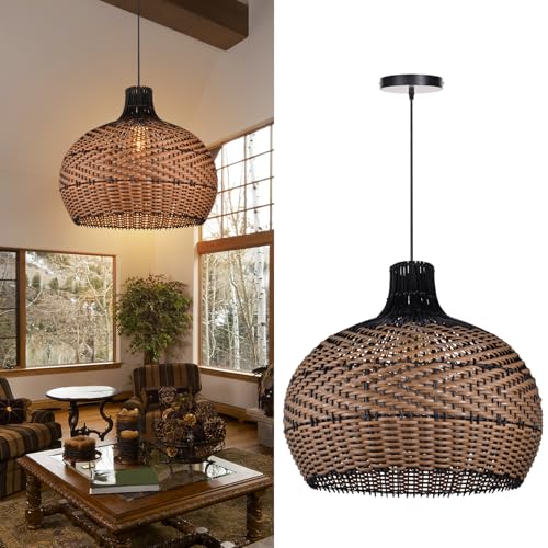 Arturesthome Rattan Pendant Light Fixtures for Kitchen Island, Wicker Chandelier, Handmade Woven Hanging Ceiling Light Lampshade for Living Room Bedroom - size: 19.6" * 17.7"