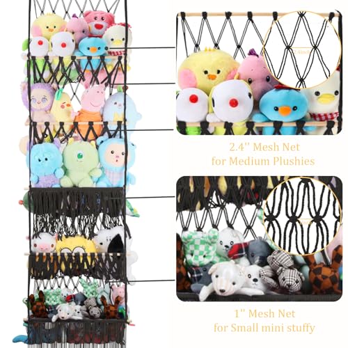 5 Tier Stuffed Animal Storage Shelf Net, 17x61 Inch Large Plushie Net w/LED Light & Clips for Mini Medium Stuffy Teddy, Black Boho Macrame Wall Toy Holder Display for Nursery Kids Girls Boys - color: Black, size: Large-5 Tier-17x61 Inch
